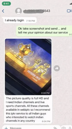 Zufriedener Kunde empfiehlt unser IPTV Deutschland in einer WhatsApp Nachricht – jetzt Premium IPTV kaufen